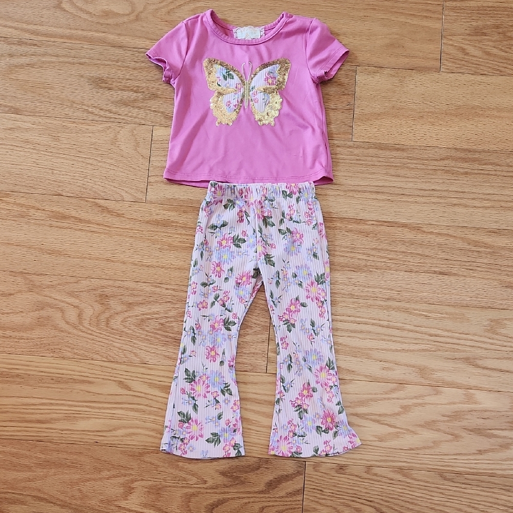 Charming Pink Butterfly Matching Pant Set for Toddlers 2T